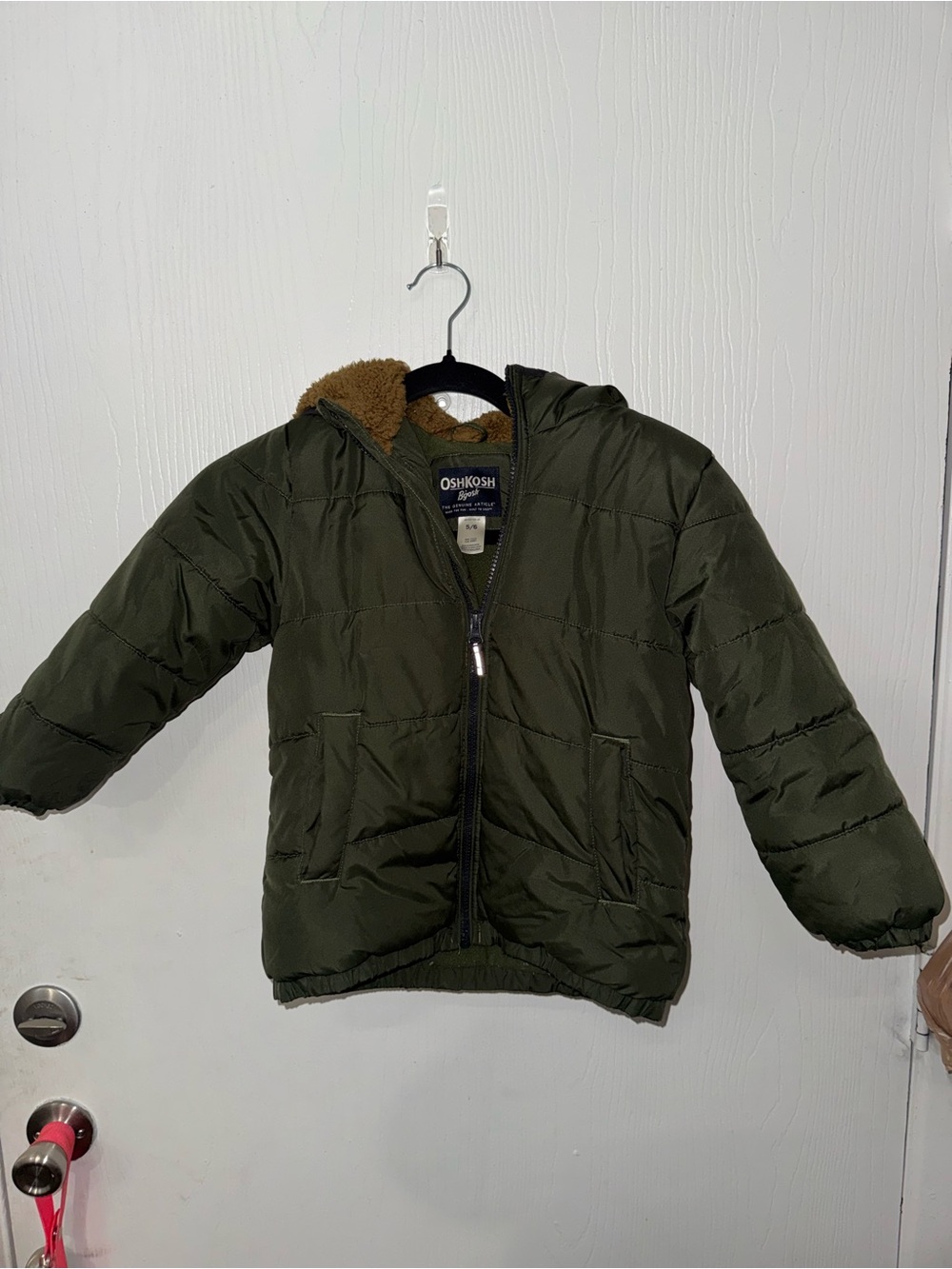 OshKosh B’gosh Kids Size 5/6 Olive Green Hooded Puffer Jacket Fleece Lined